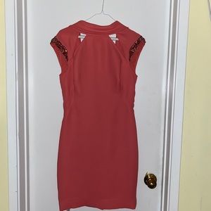 Badgley Mischka salmon pink mock neck beaded sequin sheath dress backless